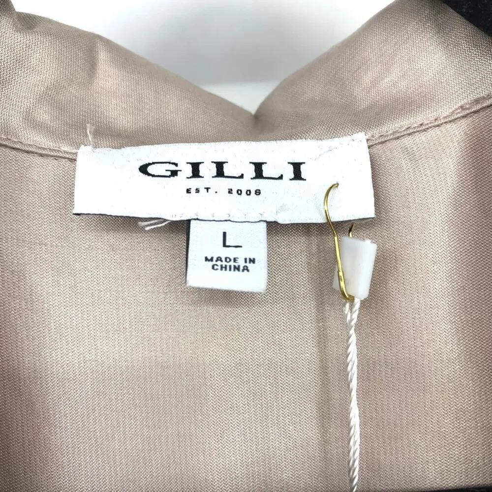 Gilli The Long Sleeve Satiny Blouse Womens Sz Large Button Front Warm Taupe NEW